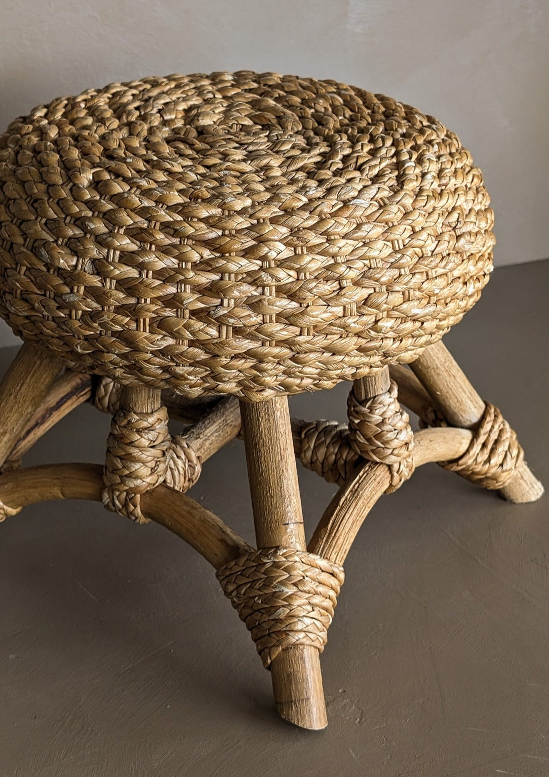 Vintage Mushroom-Top Blonde Textured Woven and Rattan Stool