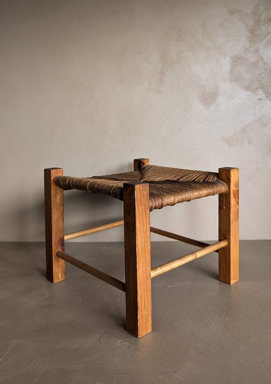 Simple Vintage Mission-Style Rush and Wood Stool