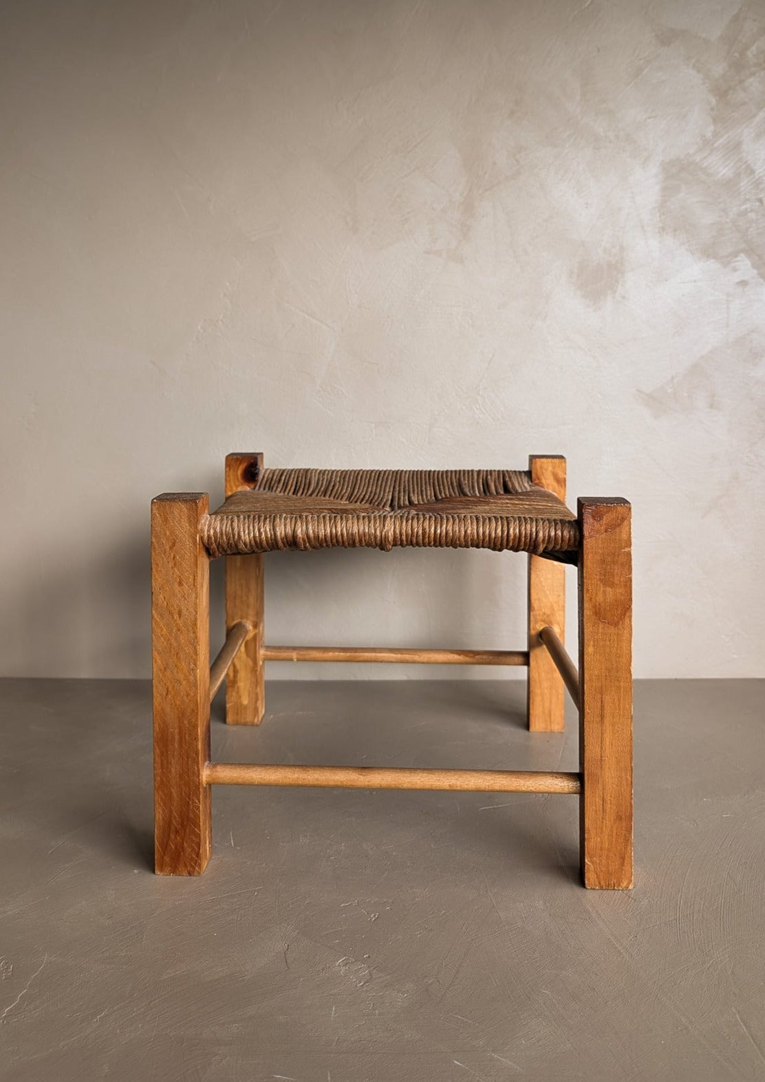 Simple Vintage Mission-Style Rush and Wood Stool