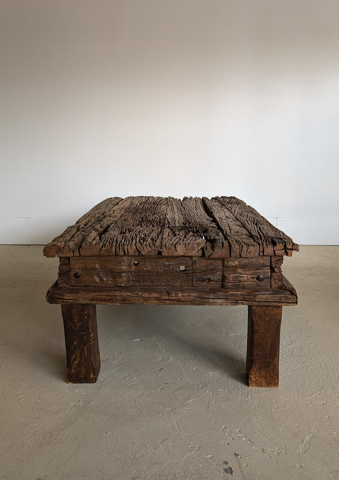 Reclaimed Textured Dark Wood Wabi-Sabi Organic Coffee Table