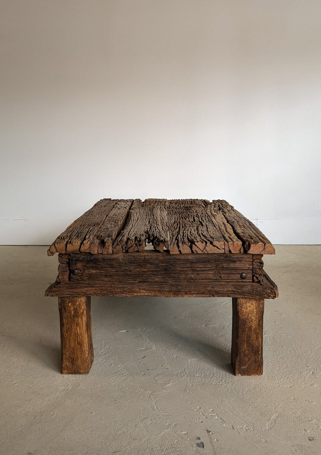 Reclaimed Textured Dark Wood Wabi-Sabi Organic Coffee Table