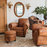 Pair of Vintage 1970s French Leather Club Chairs and Matching Leather Hassock