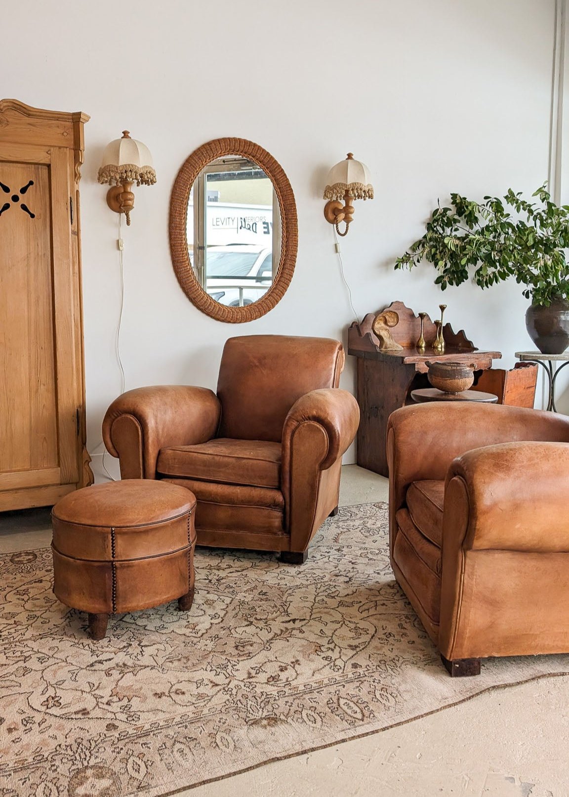 Pair of Vintage 1970s French Leather Club Chairs and Matching Leather Hassock