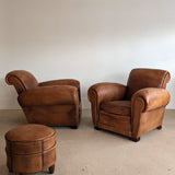 Pair of Vintage 1970s French Leather Club Chairs and Matching Leather Hassock