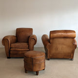 Pair of Vintage 1970s French Leather Club Chairs and Matching Leather Hassock