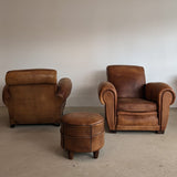 Pair of Vintage 1970s French Leather Club Chairs and Matching Leather Hassock