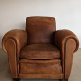 Pair of Vintage 1970s French Leather Club Chairs and Matching Leather Hassock