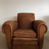 Pair of Vintage 1970s French Leather Club Chairs and Matching Leather Hassock