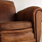 Pair of Vintage 1970s French Leather Club Chairs and Matching Leather Hassock