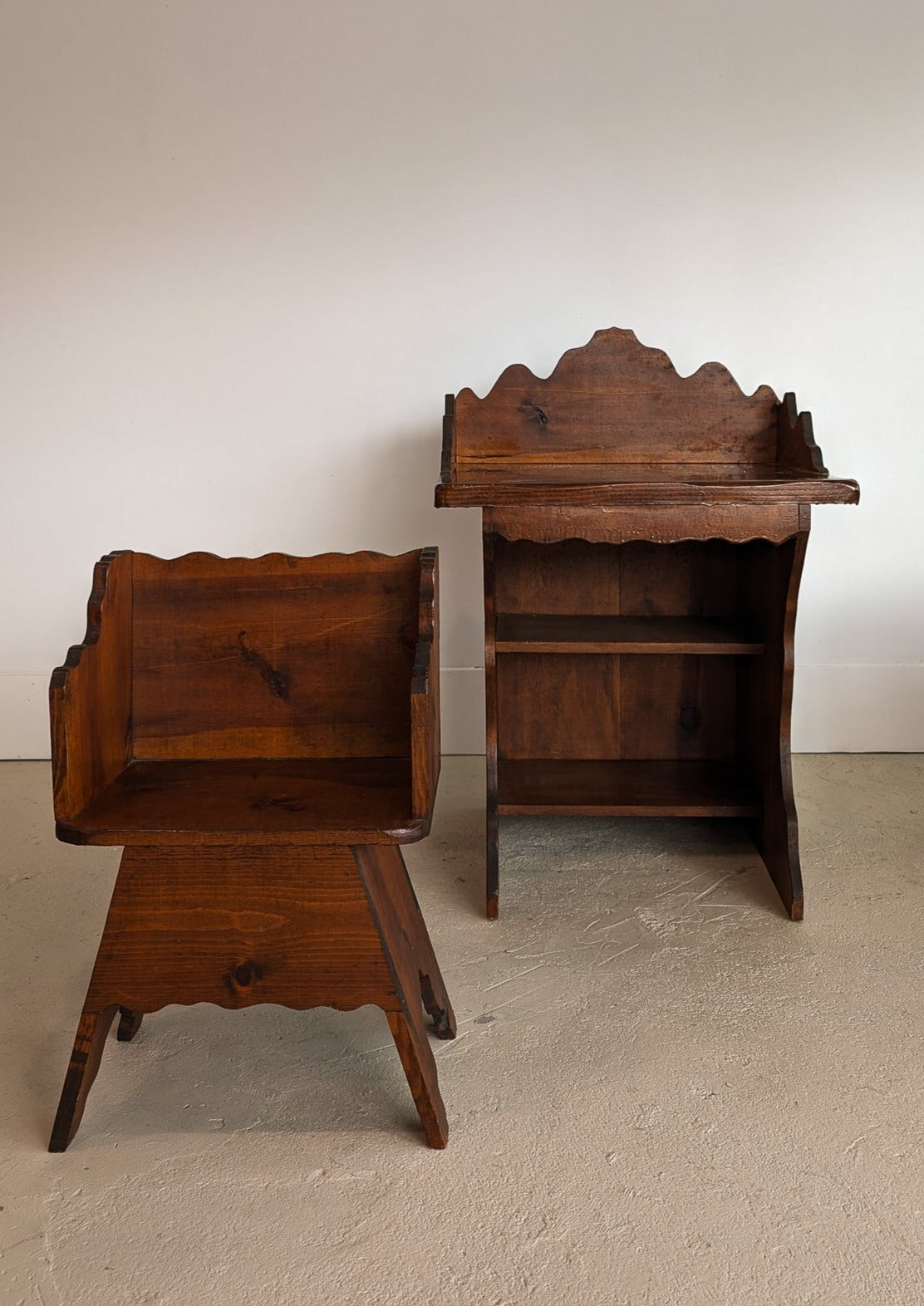 Handmade Vintage Freeform Brutalist Dark Wooden Chair/Stool