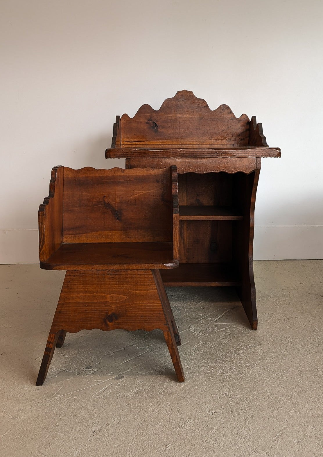 Handmade Vintage Freeform Brutalist Dark Wooden Chair/Stool