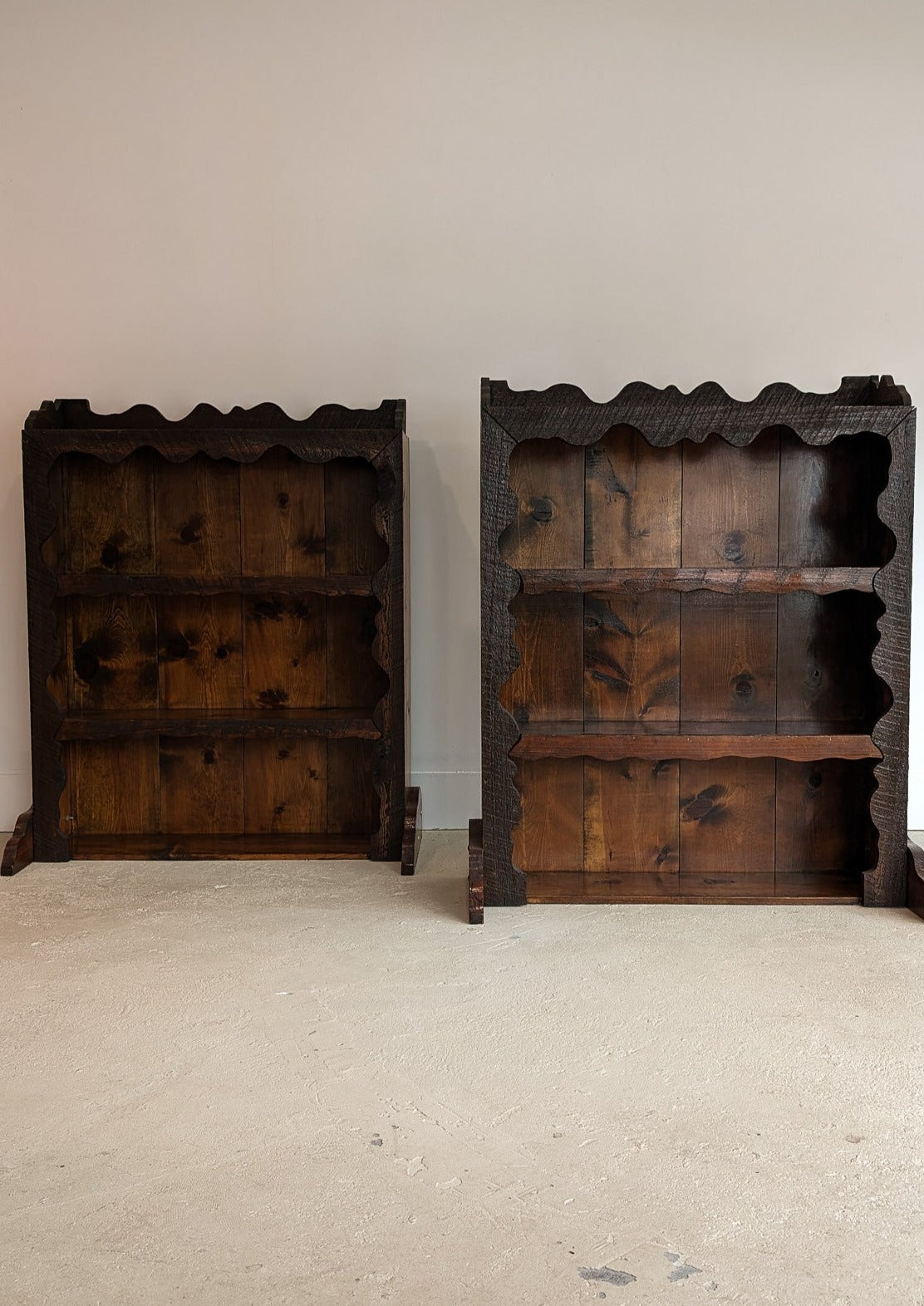 Handmade Freeform Brutalist Dark Wooden Bookshelf