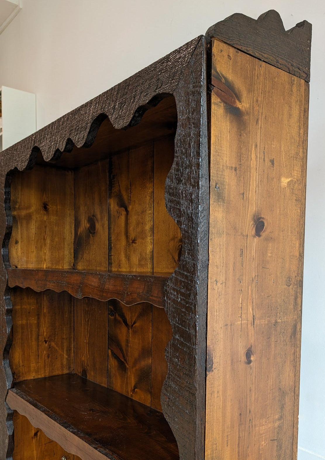 Handmade Freeform Brutalist Dark Wooden Bookshelf