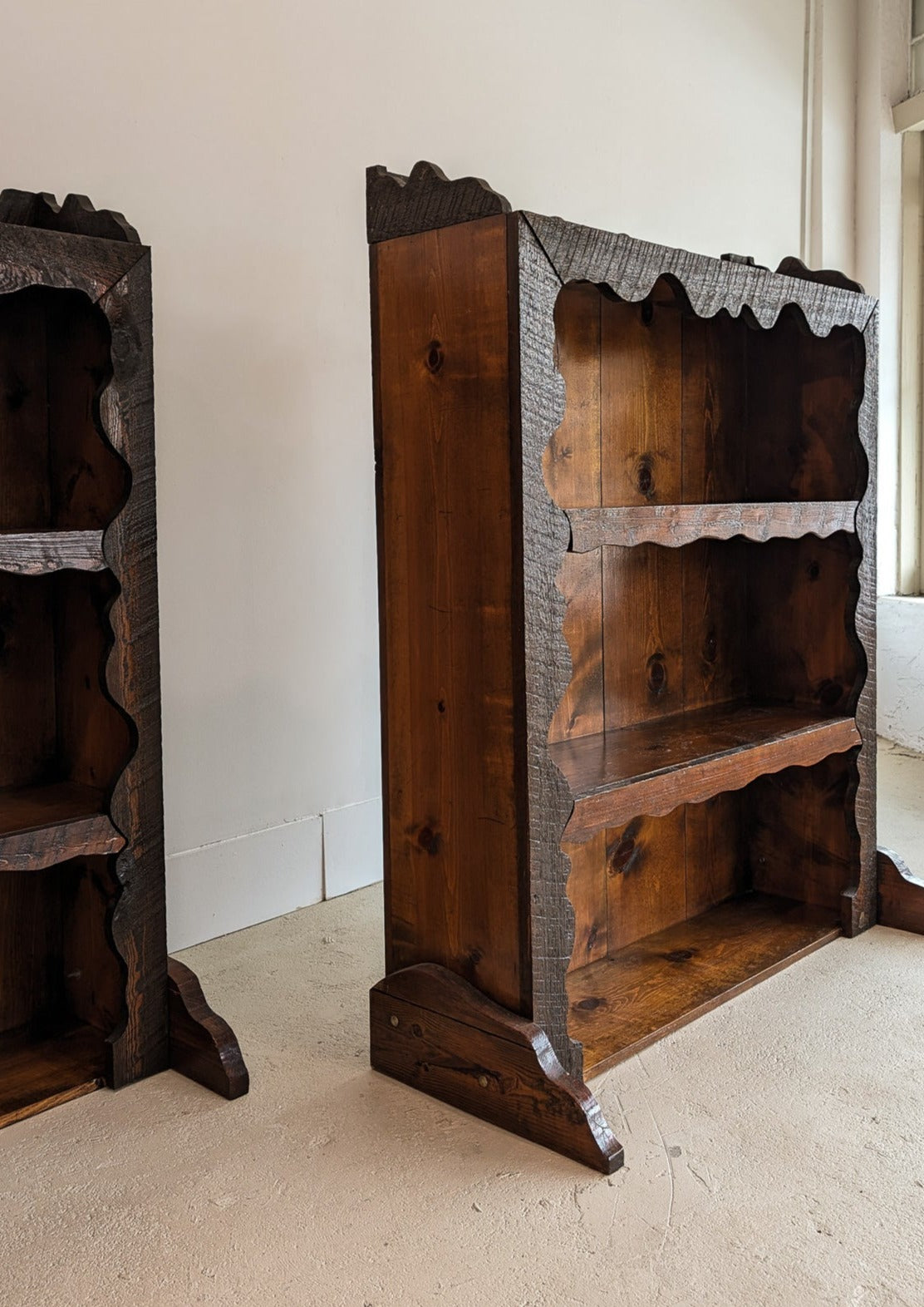 Handmade Freeform Brutalist Dark Wooden Bookshelf