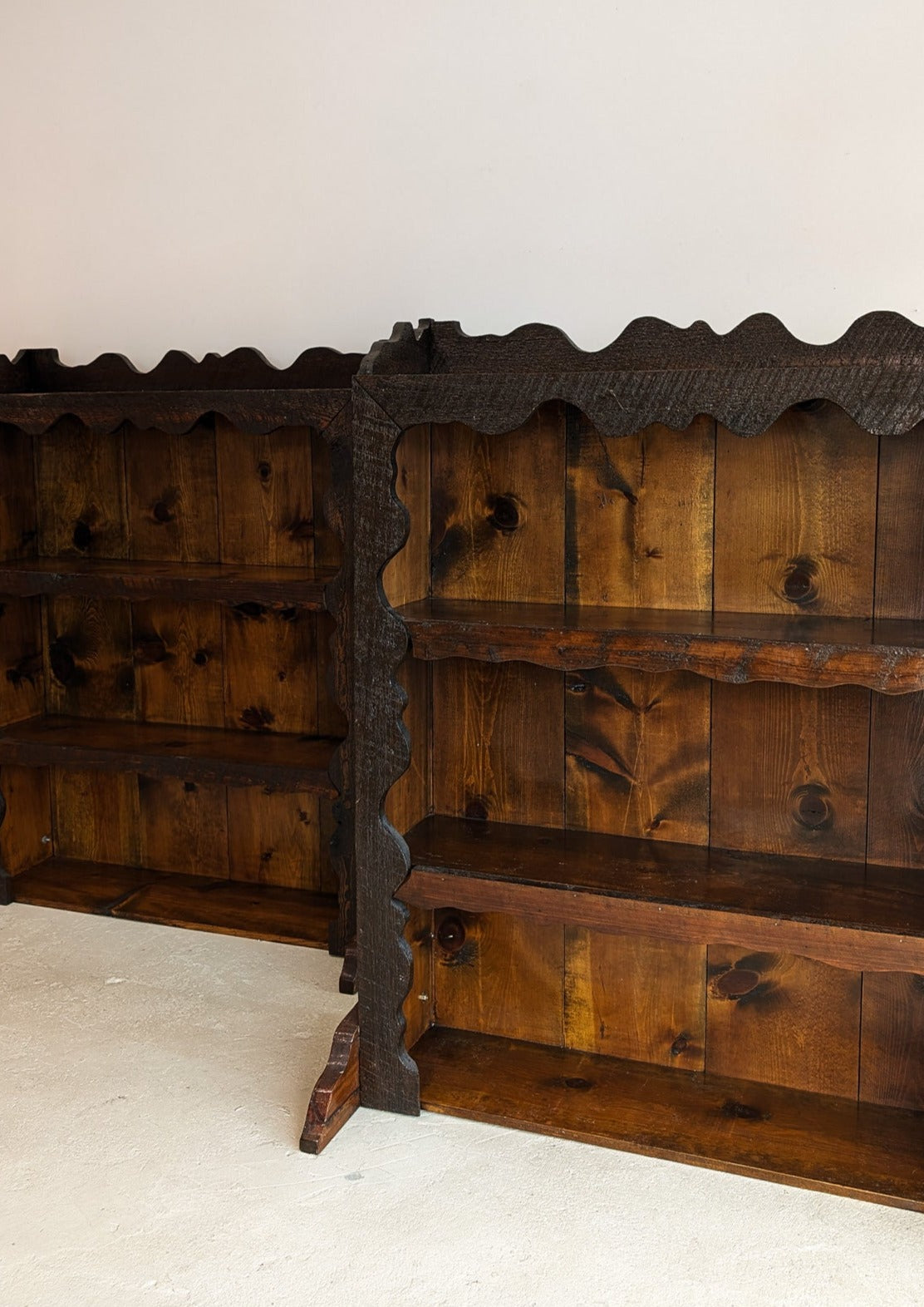 Handmade Freeform Brutalist Dark Wooden Bookshelf