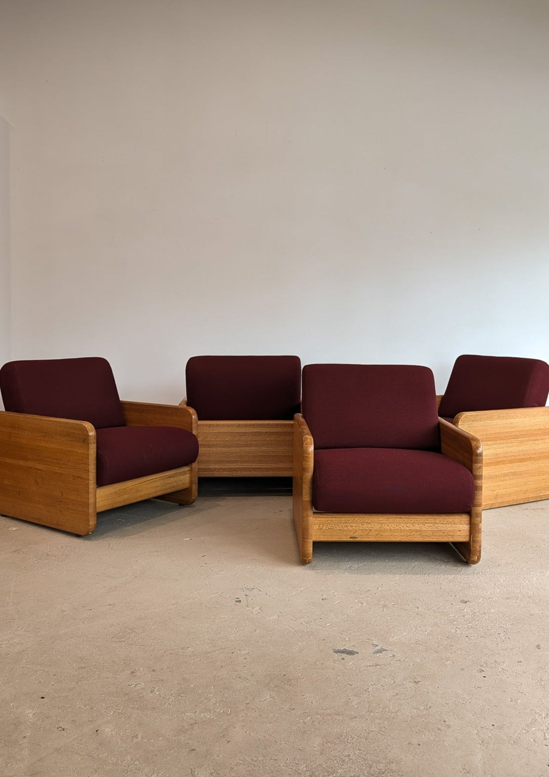 Postmodern Chunky Oak Accent Chair with Original Heavy-Duty Maroon Upholstery