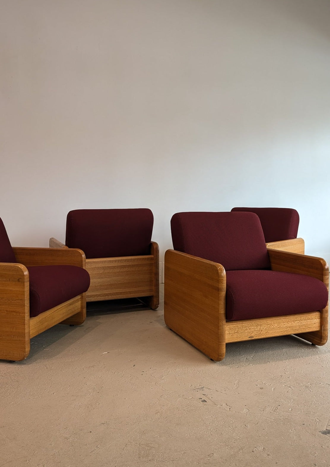 Postmodern Chunky Oak Accent Chair with Original Heavy-Duty Maroon Upholstery