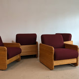 Postmodern Chunky Oak Accent Chair with Original Heavy-Duty Maroon Upholstery