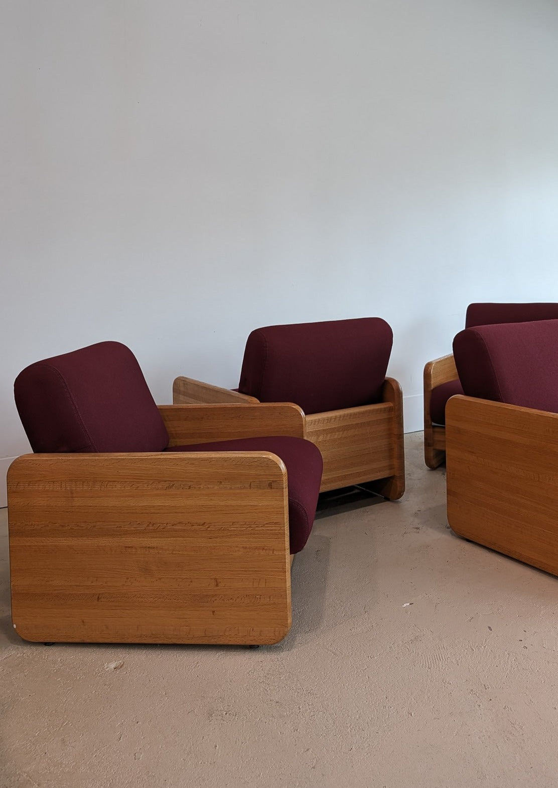 Postmodern Chunky Oak Accent Chair with Original Heavy-Duty Maroon Upholstery