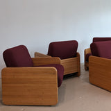 Postmodern Chunky Oak Accent Chair with Original Heavy-Duty Maroon Upholstery