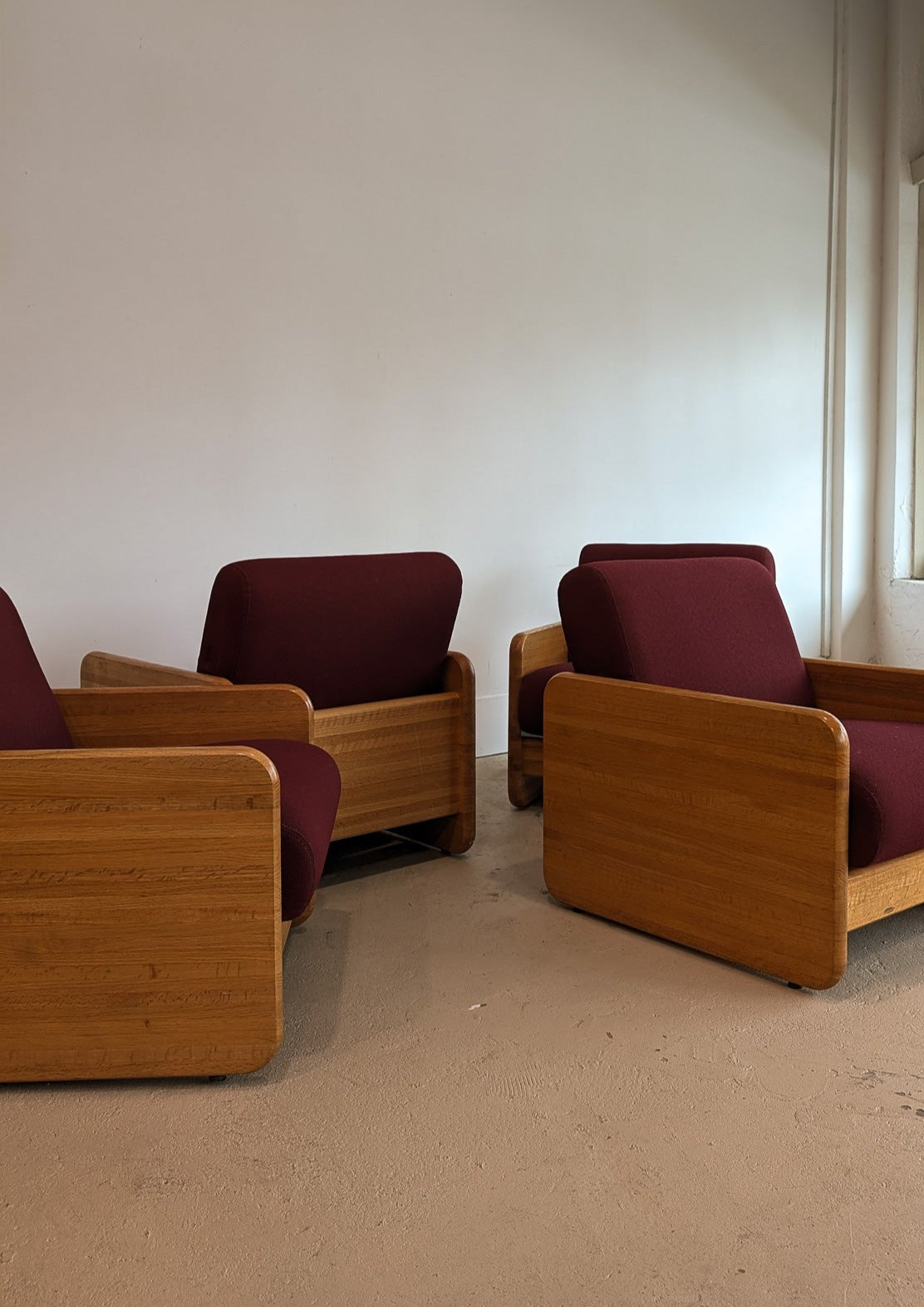 Postmodern Chunky Oak Accent Chair with Original Heavy-Duty Maroon Upholstery