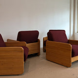 Postmodern Chunky Oak Accent Chair with Original Heavy-Duty Maroon Upholstery