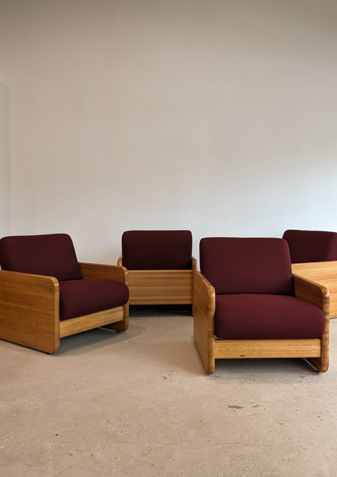 Postmodern Chunky Oak Accent Chair with Original Heavy-Duty Maroon Upholstery