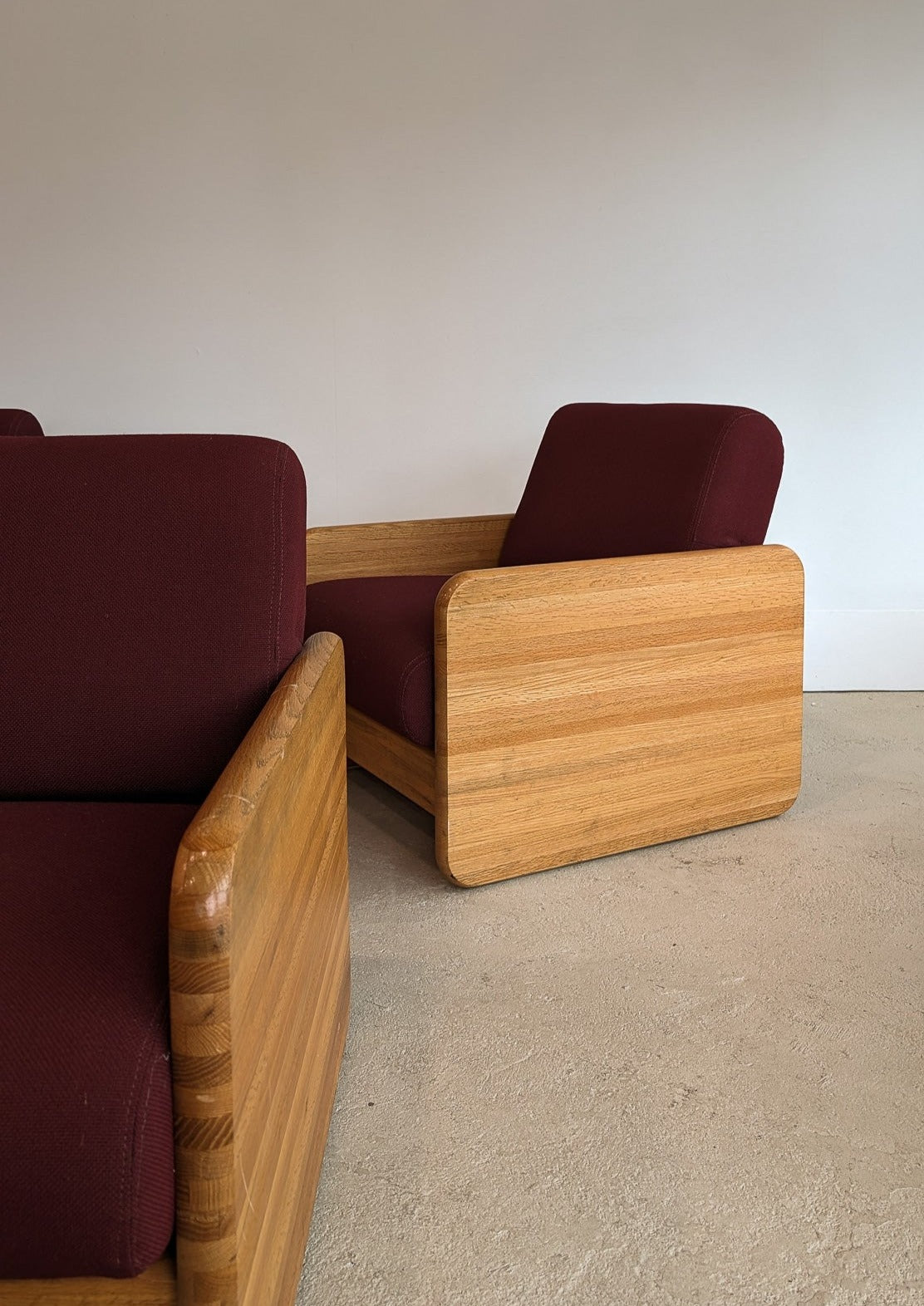 Postmodern Chunky Oak Accent Chair with Original Heavy-Duty Maroon Upholstery