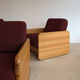 Postmodern Chunky Oak Accent Chair with Original Heavy-Duty Maroon Upholstery