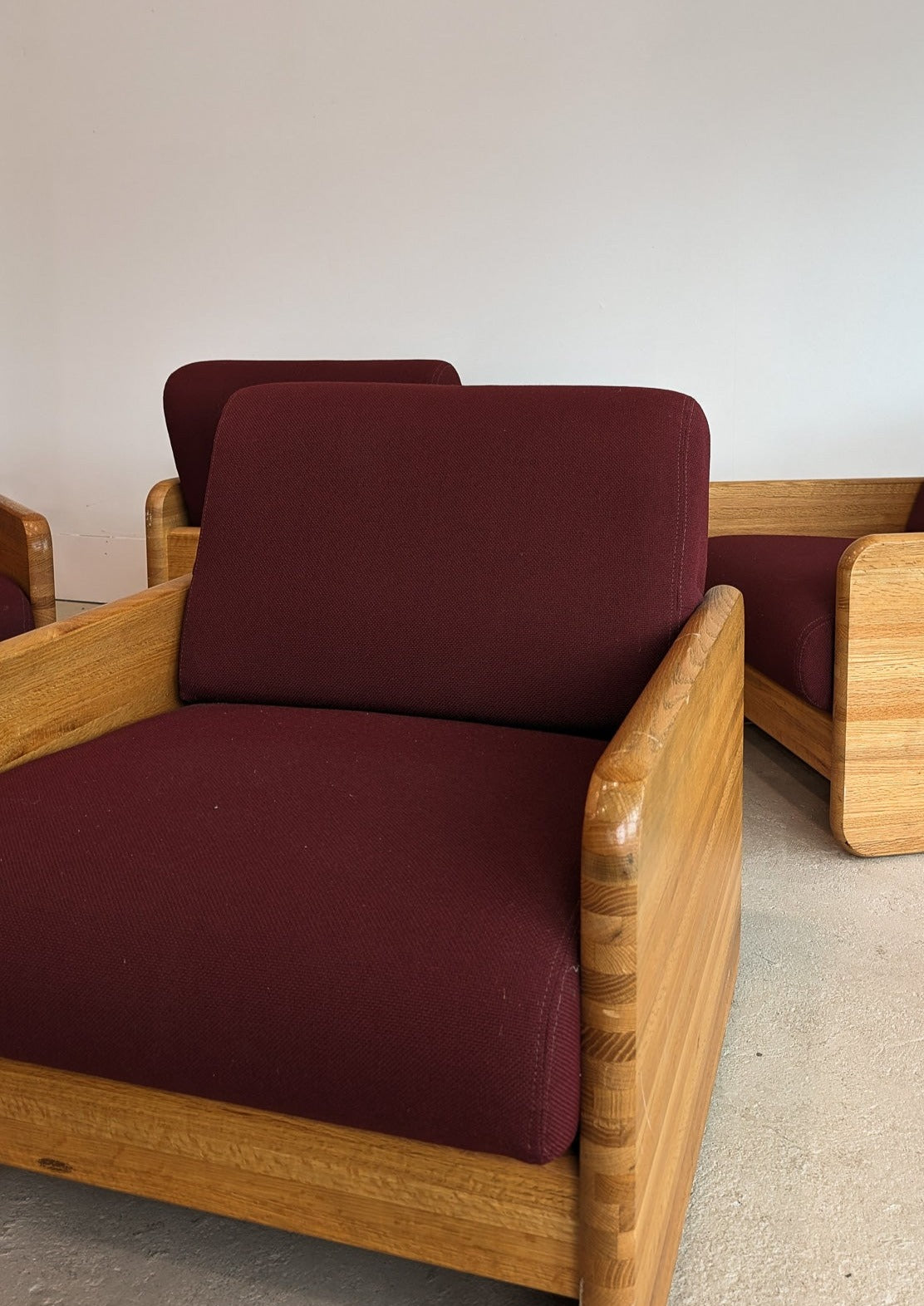 Postmodern Chunky Oak Accent Chair with Original Heavy-Duty Maroon Upholstery