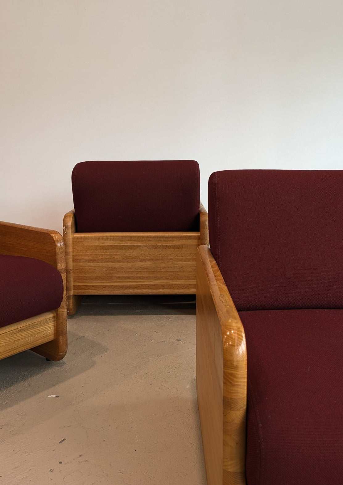 Postmodern Chunky Oak Accent Chair with Original Heavy-Duty Maroon Upholstery