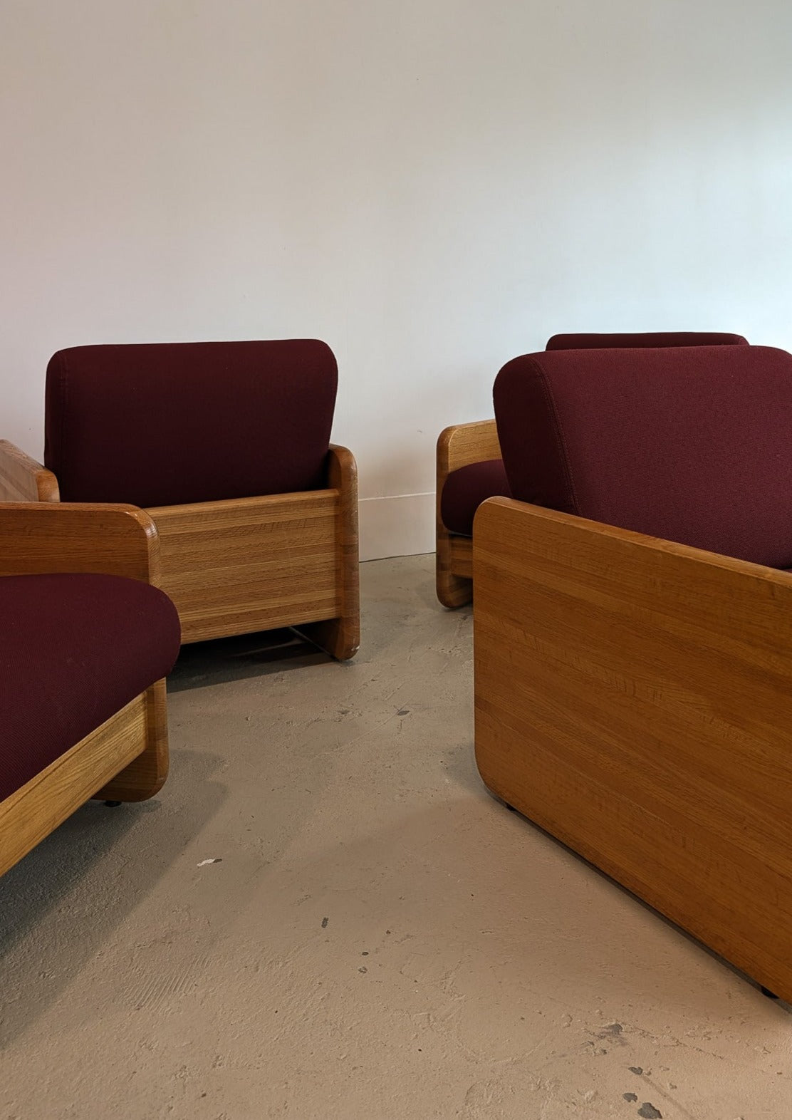 Postmodern Chunky Oak Accent Chair with Original Heavy-Duty Maroon Upholstery