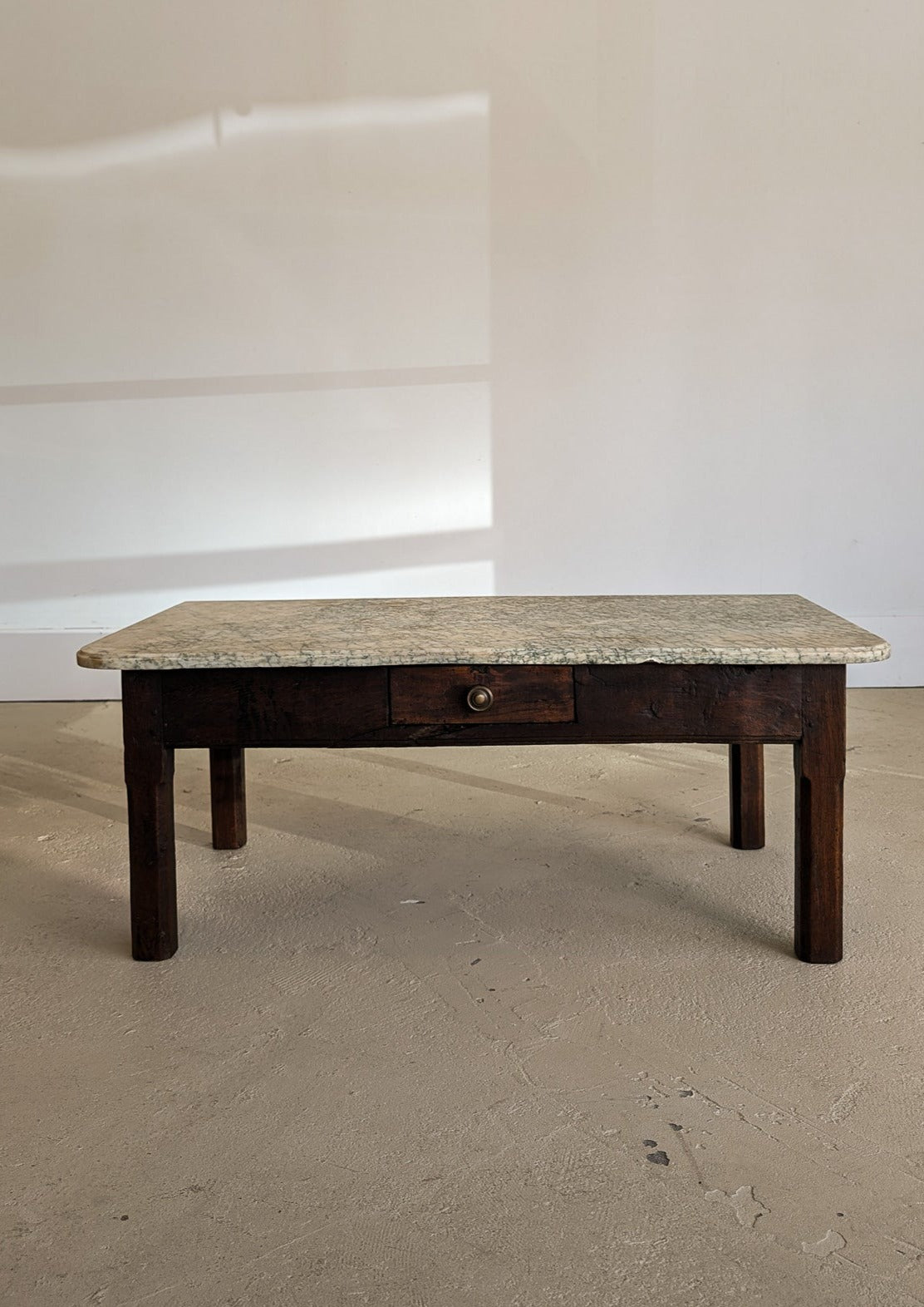 Antique French Dark Wood and Green Marble Coffee Table with Drawer