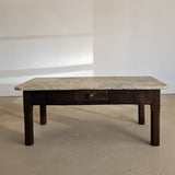 Antique French Dark Wood and Green Marble Coffee Table with Drawer