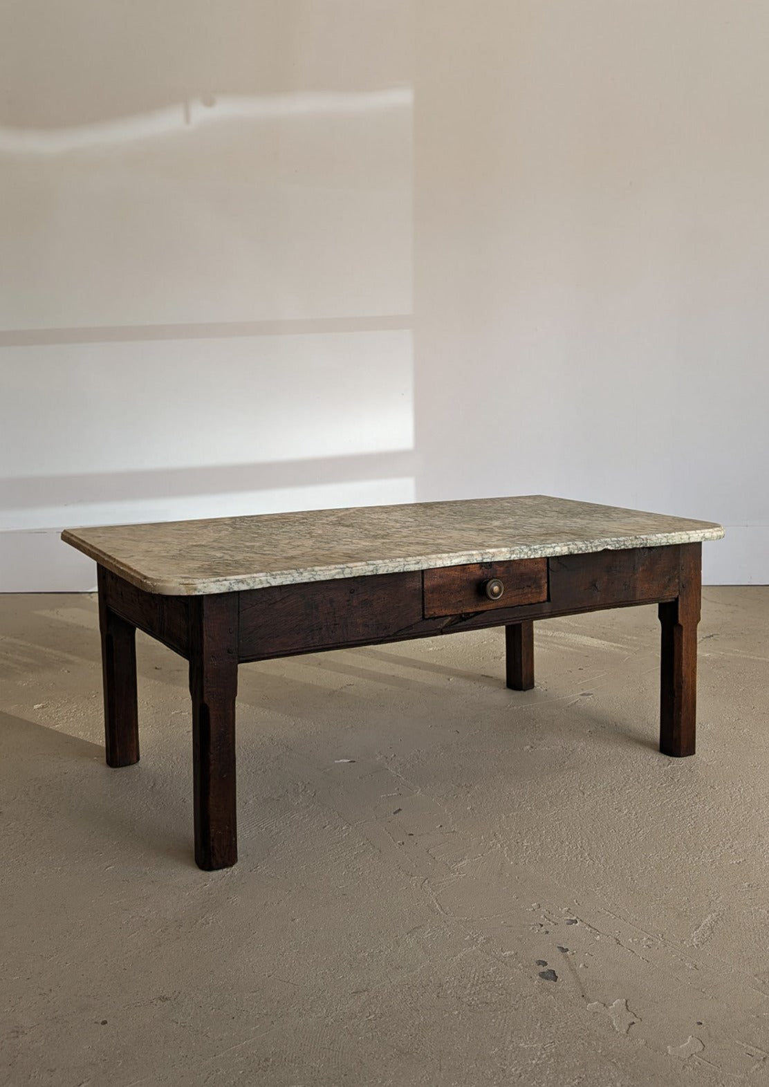 Antique French Dark Wood and Green Marble Coffee Table with Drawer