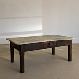 Antique French Dark Wood and Green Marble Coffee Table with Drawer