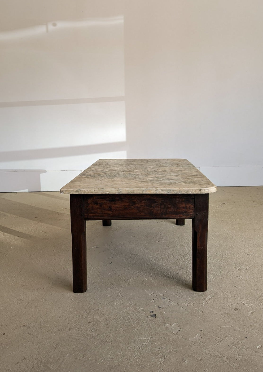 Antique French Dark Wood and Green Marble Coffee Table with Drawer