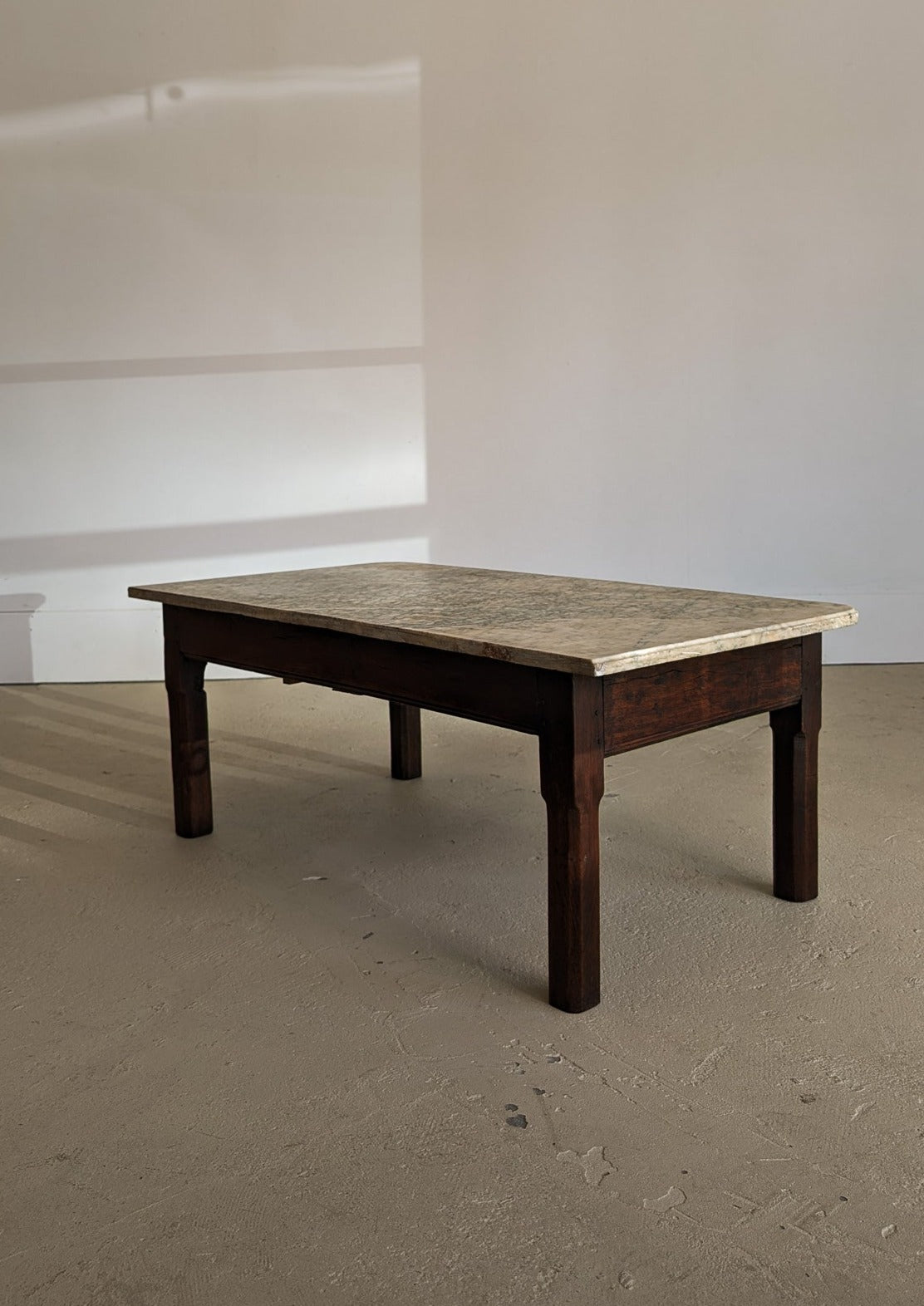 Antique French Dark Wood and Green Marble Coffee Table with Drawer