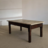 Antique French Dark Wood and Green Marble Coffee Table with Drawer