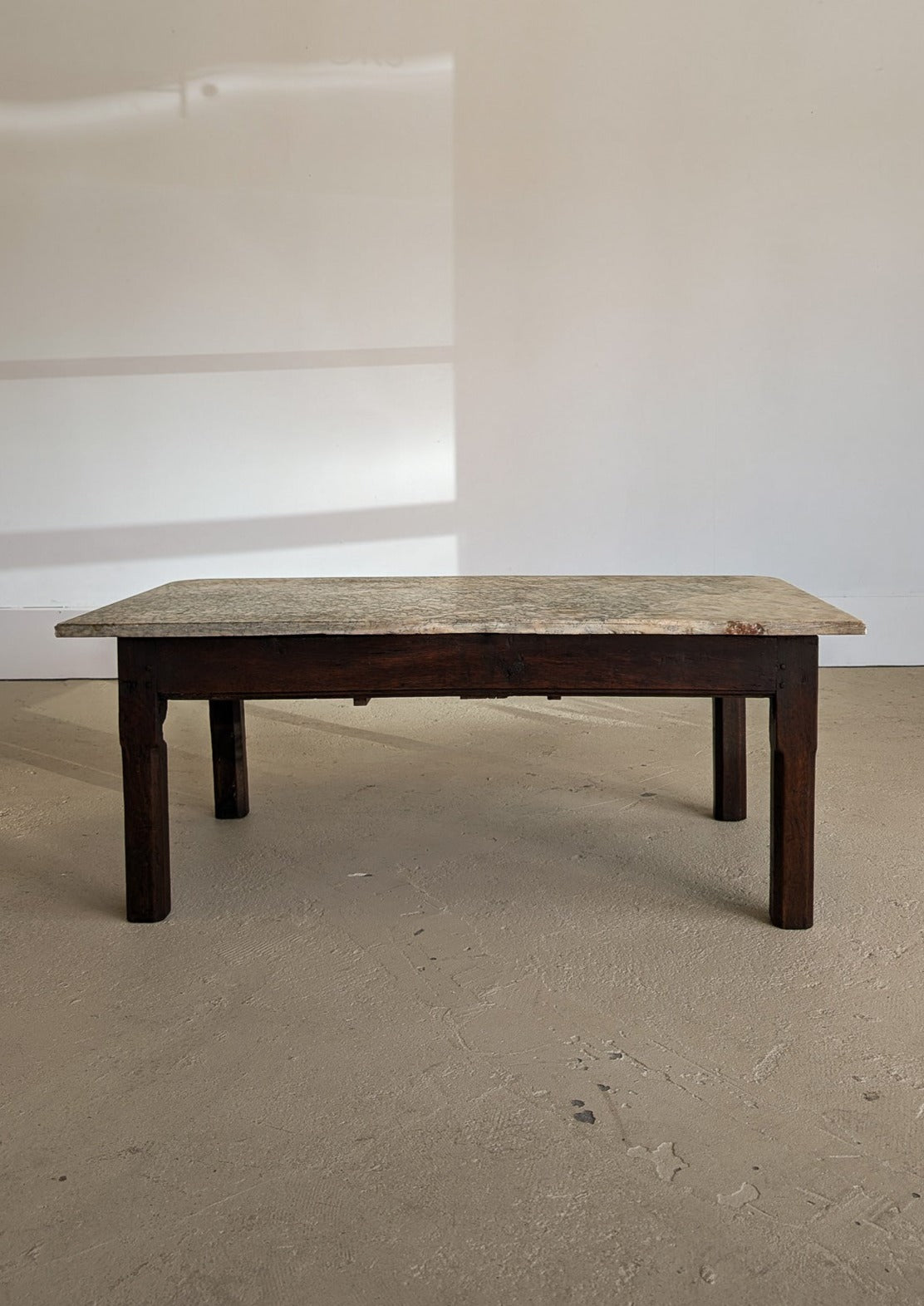 Antique French Dark Wood and Green Marble Coffee Table with Drawer