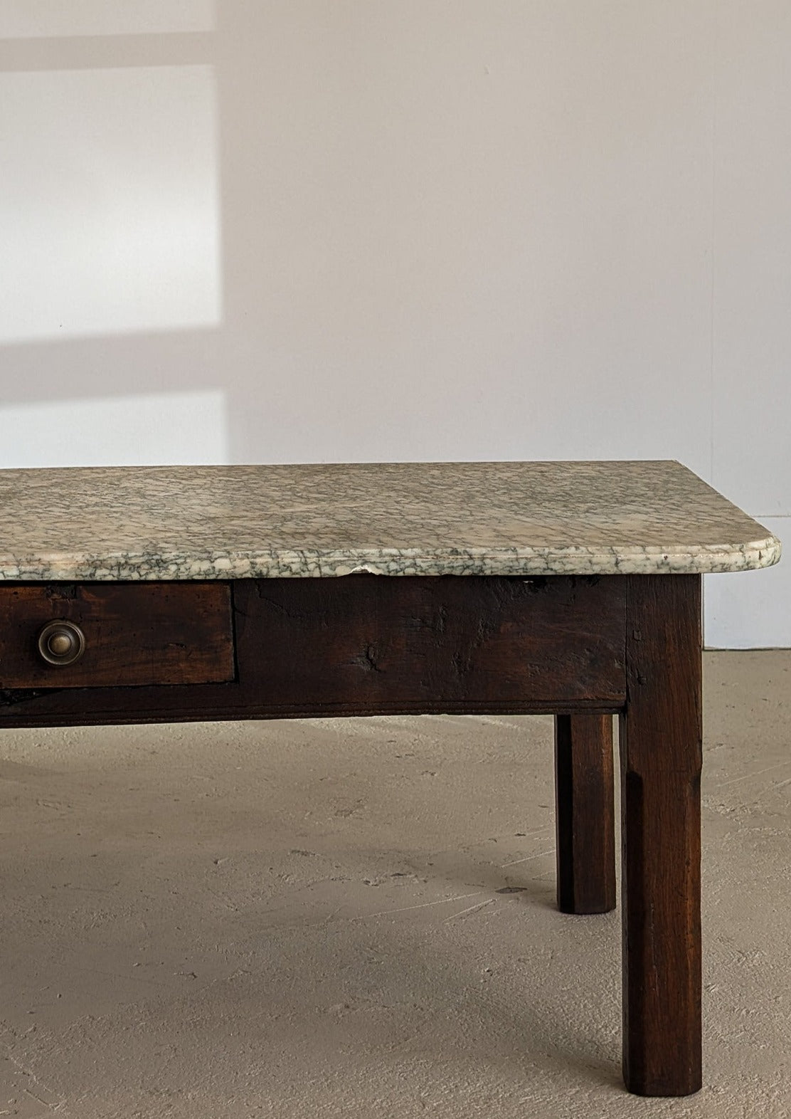 Antique French Dark Wood and Green Marble Coffee Table with Drawer