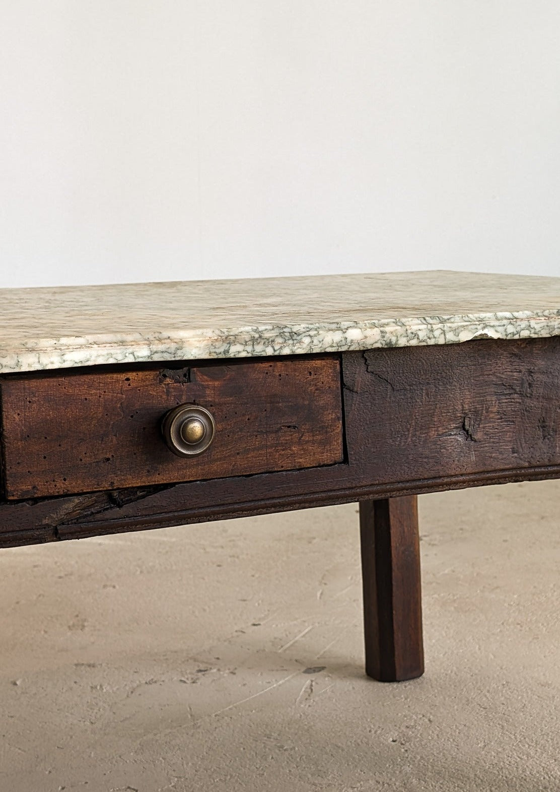 Antique French Dark Wood and Green Marble Coffee Table with Drawer