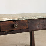 Antique French Dark Wood and Green Marble Coffee Table with Drawer