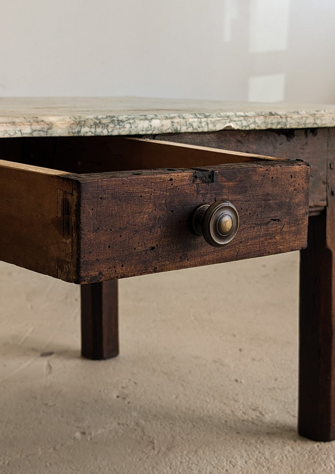 Antique French Dark Wood and Green Marble Coffee Table with Drawer