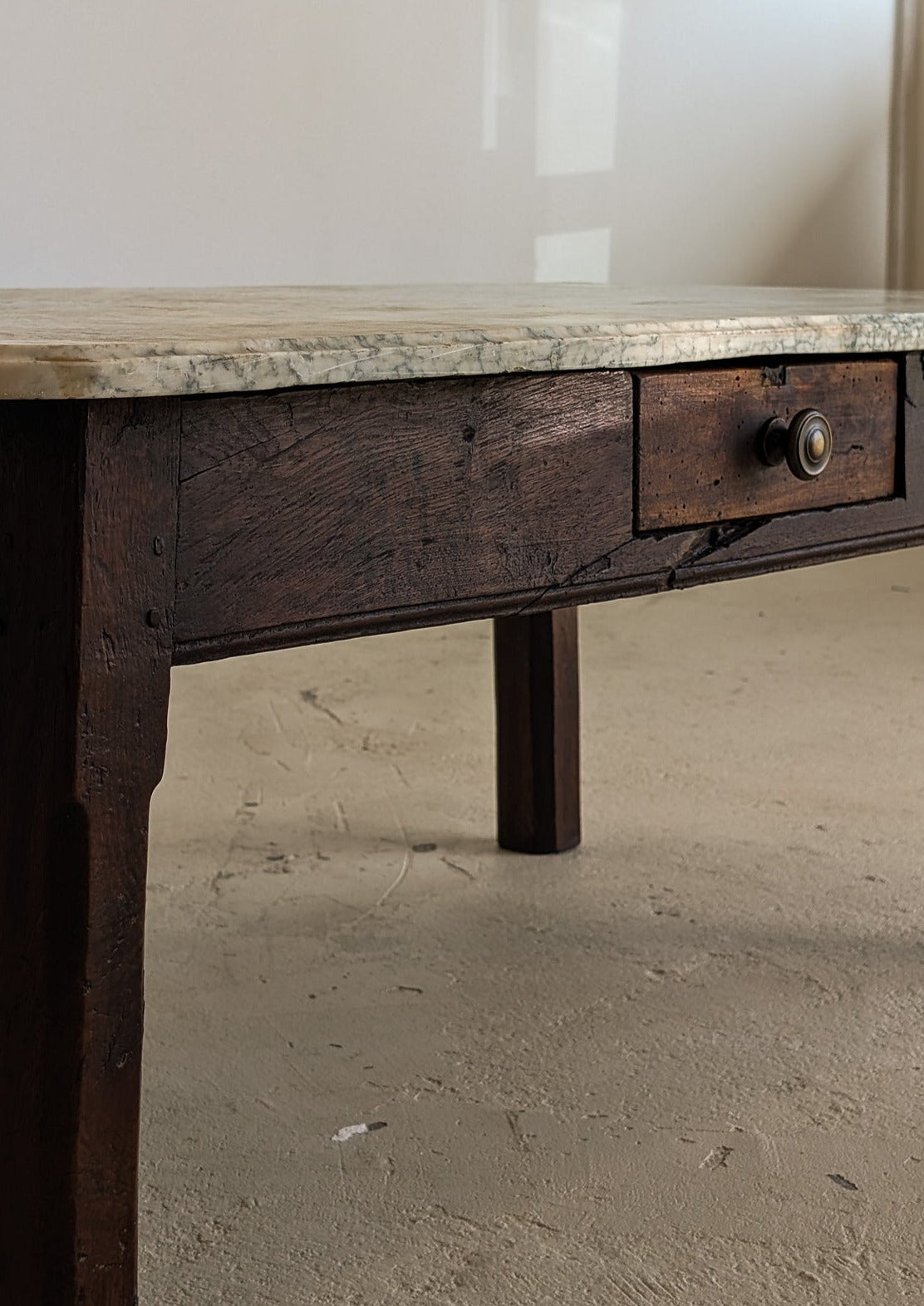 Antique French Dark Wood and Green Marble Coffee Table with Drawer