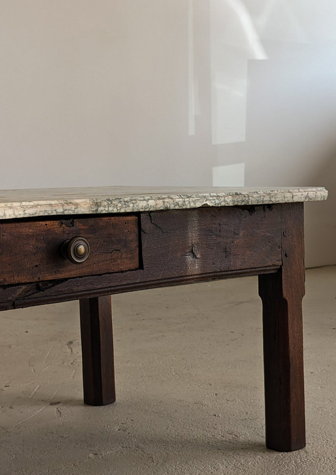 Antique French Dark Wood and Green Marble Coffee Table with Drawer