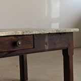 Antique French Dark Wood and Green Marble Coffee Table with Drawer