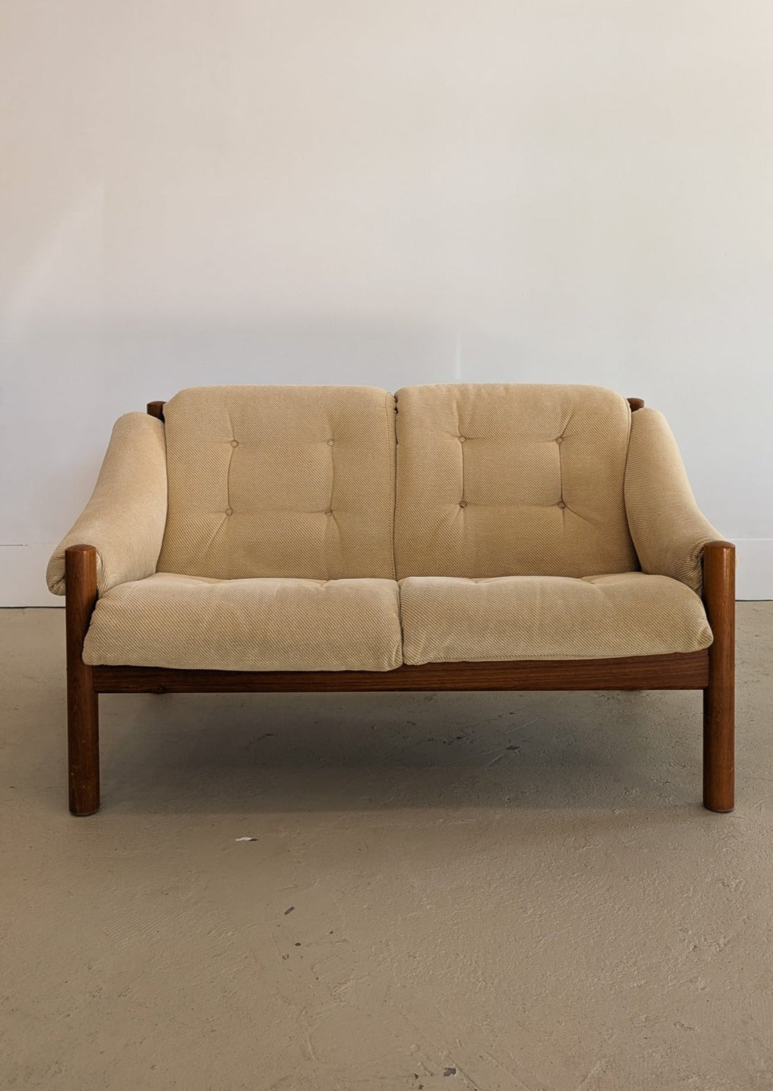 Midcentury Vintage Danish Domino Møbler Teak and Original Textured Cream Upholstered Loveseat