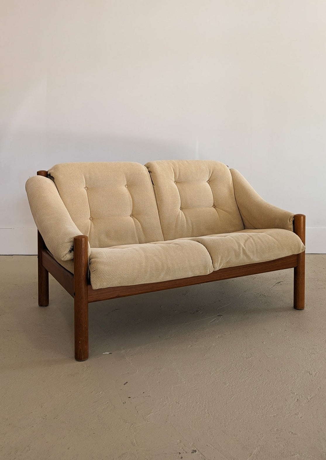 Midcentury Vintage Danish Domino Møbler Teak and Original Textured Cream Upholstered Loveseat