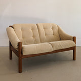 Midcentury Vintage Danish Domino Møbler Teak and Original Textured Cream Upholstered Loveseat